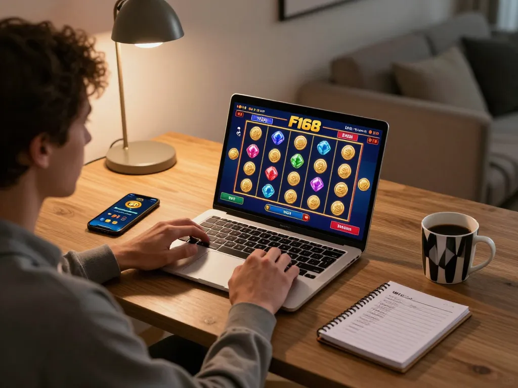 Engaging online gameplay at https://f168.osaka/ showing vibrant slot machine action on a laptop screen.