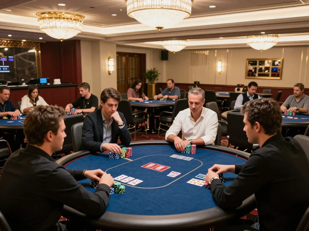 Players enjoying poker at 88vin's upscale casino, showcasing intense gaming moments and vibrant atmosphere