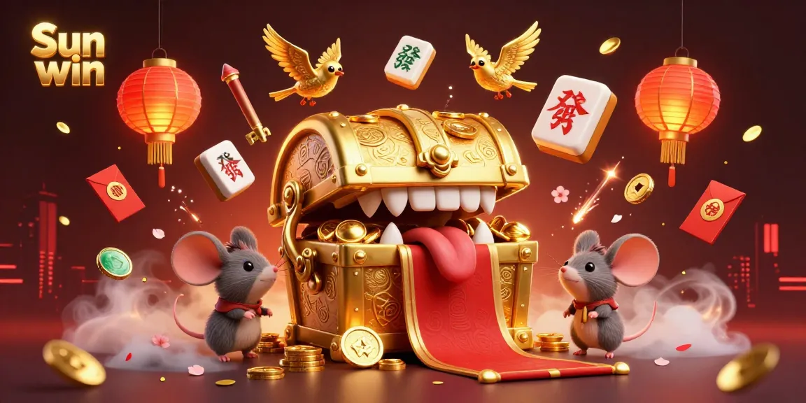 Engage with Sun win's thrilling adventure featuring captivating game elements, treasure chests, and festive lighting.