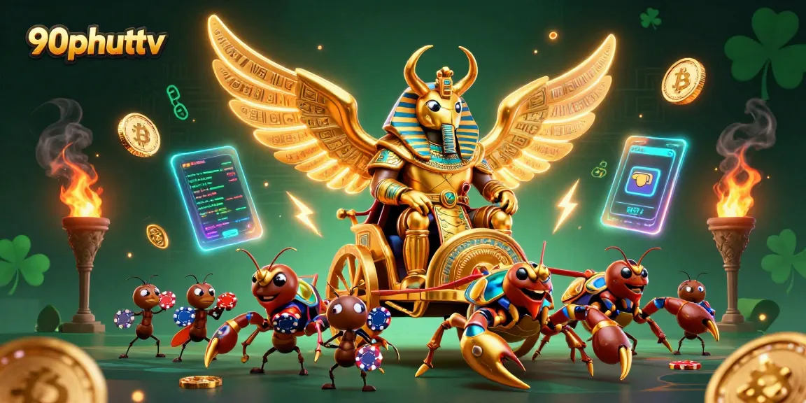 Win big at 90phuttv with vibrant 3D casino elements showcasing a scarab beetle and scorpion chariot delighting gamblers.