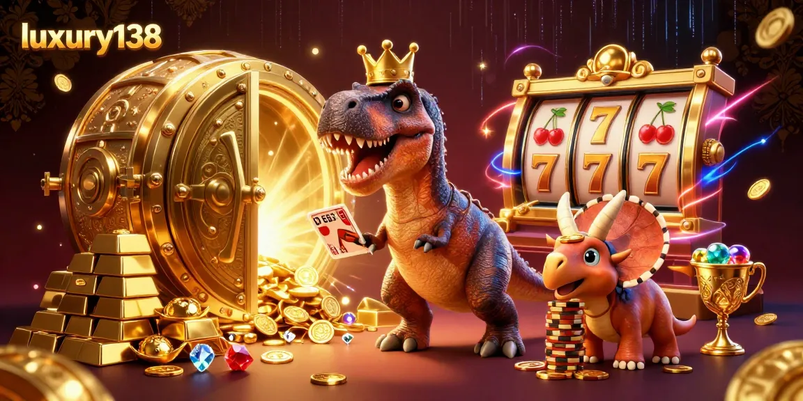 Engage with luxury138's vibrant slot game action featuring a playful dinosaur scene.
