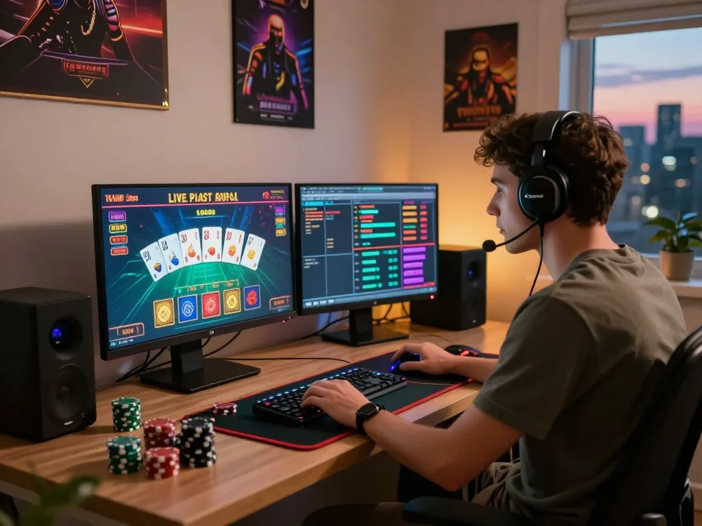 Player engaged in live online gaming at https://bomwin.jp.net/ amidst vibrant graphics and gaming paraphernalia.