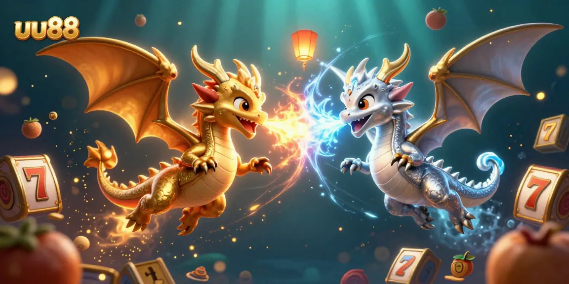 Win big at uu88 with cartoon dragons and dynamic slot elements in an exciting casino scene.