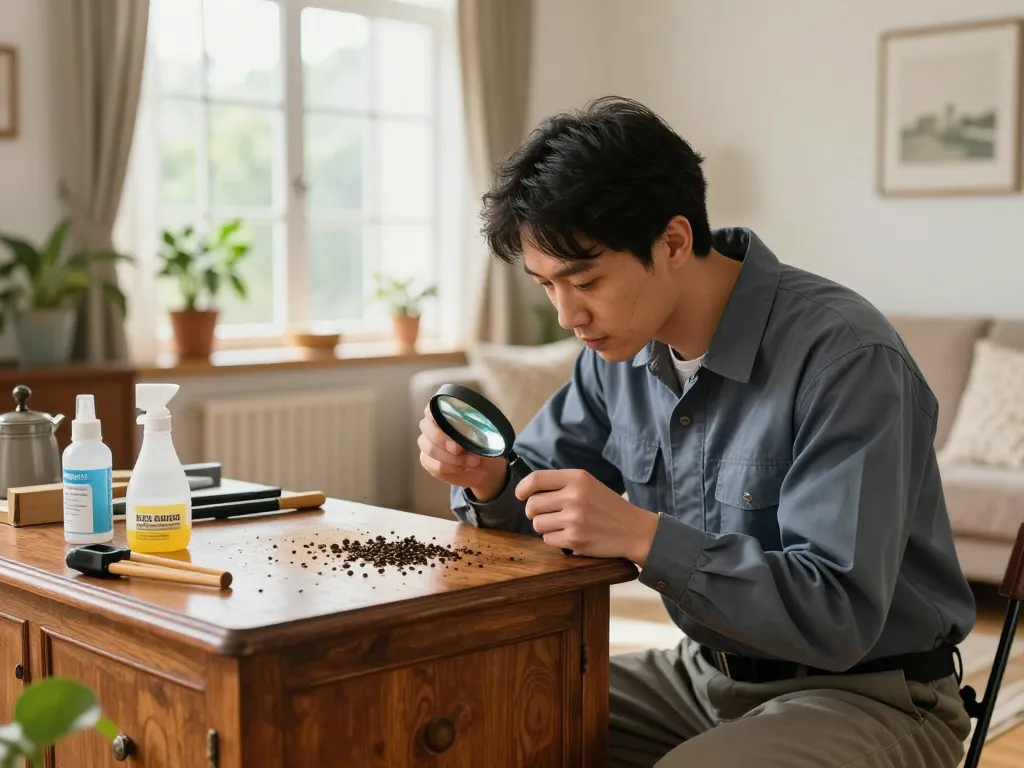 Esperto che ispeziona mobili in legno per segni di eliminazione del coleottero del legno, mostrando metodi professionali di controllo dei parassiti.