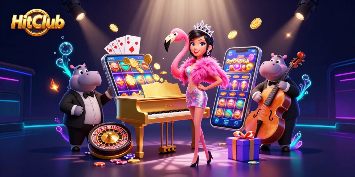 HitClub captivates with a vibrant casino scene featuring a flamingo singer and a hippo bassist.