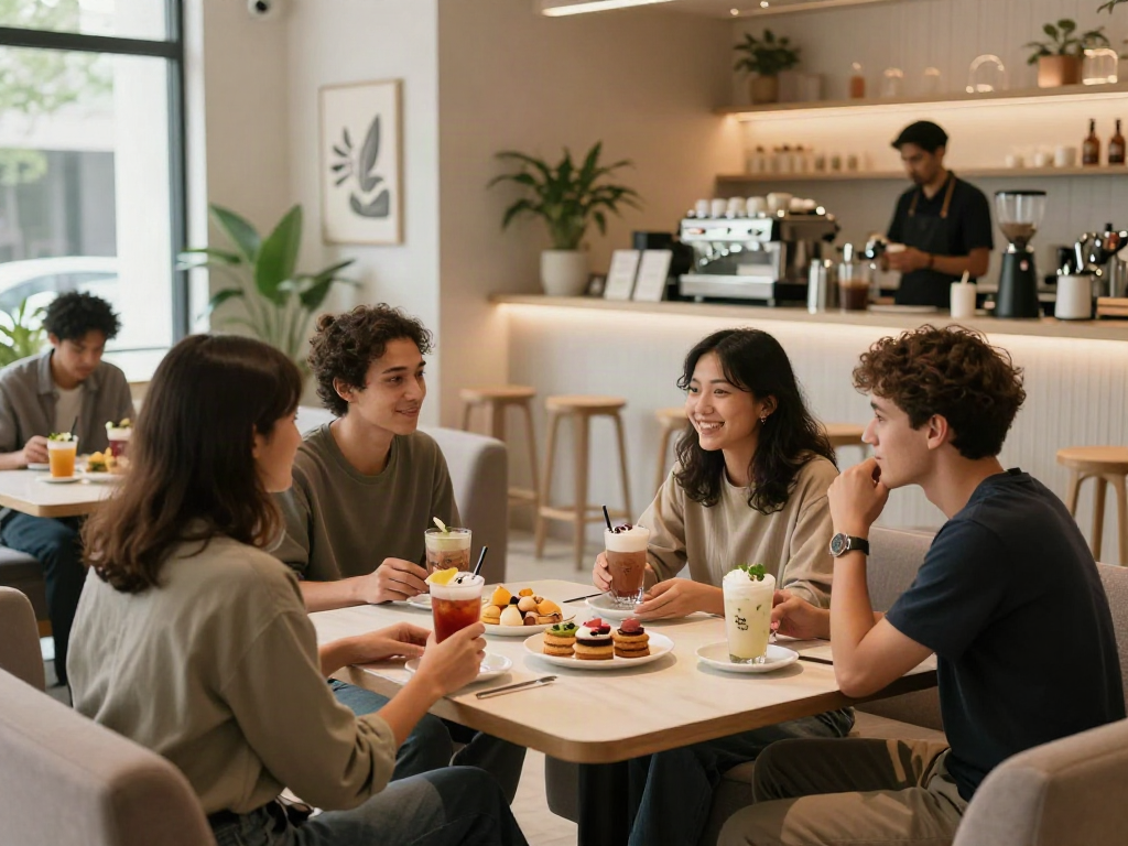 Group of friends enjoying stylish rokok88-inspired drinks in a modern cafe.
