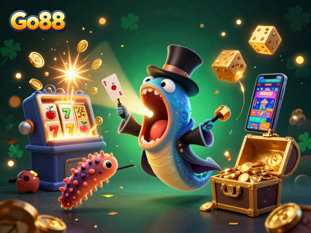 Experience the vibrant magic of Go88 with bioluminescent characters surrounded by casino excitement and jackpot wins.