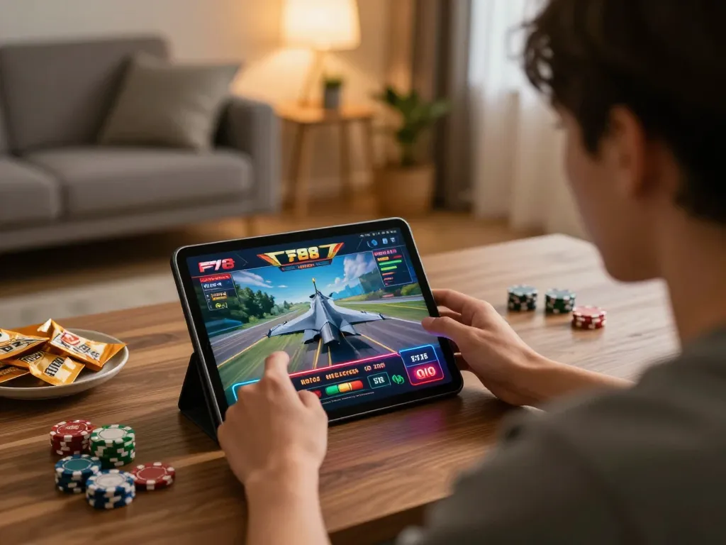 Engaging in online gaming at trang chủ F168 with an exciting casino interface on a tablet.