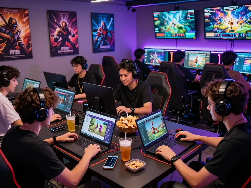 Friends excitedly gaming together at 789club web in a lively digital lounge.