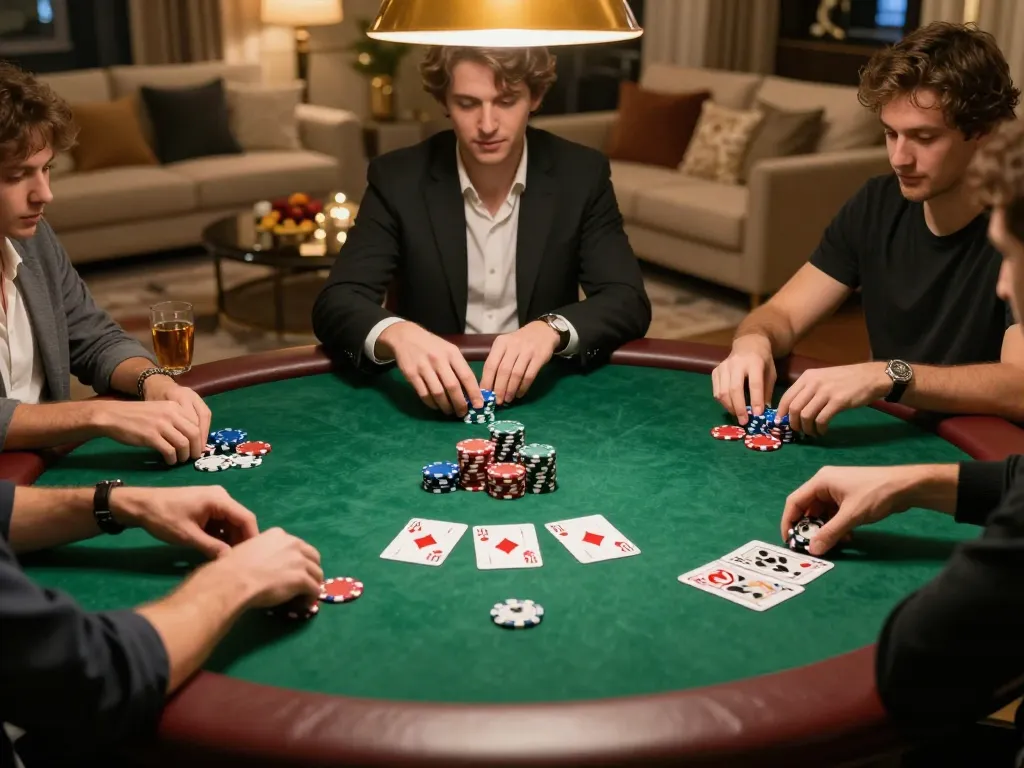 Engaging poker gameplay scene at a private game night showcasing DA88 strategy and camaraderie