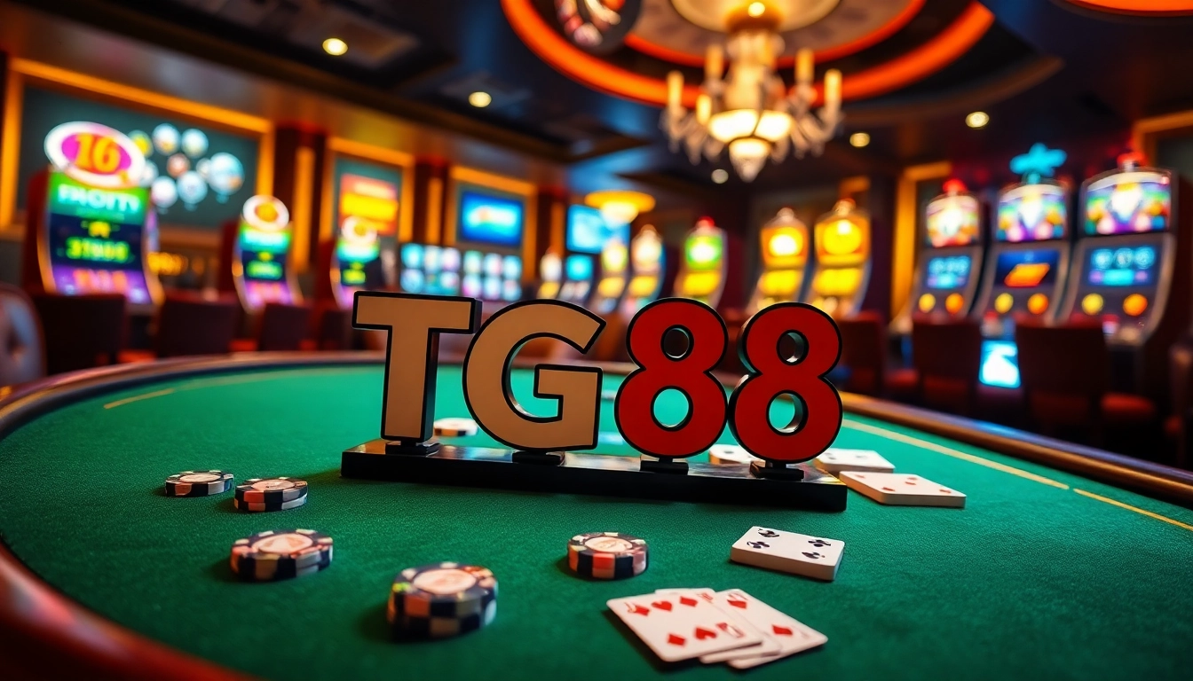 Experience high-stakes gaming at TG88's vibrant poker table, featuring cards and chips in action.