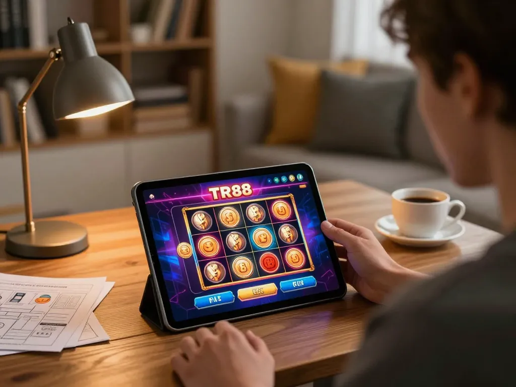 Engaging in online TR88 casino gameplay on tablet with strategic notes nearby.
