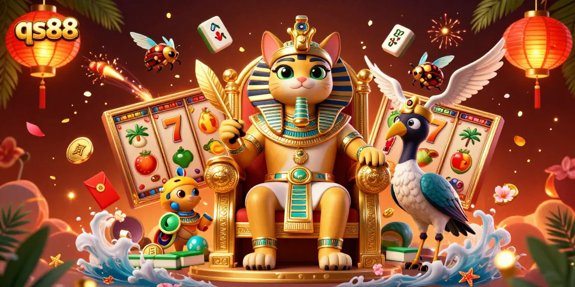 Experience exciting jackpots at qs88 with an Egyptian pharaoh cat and casino elements.