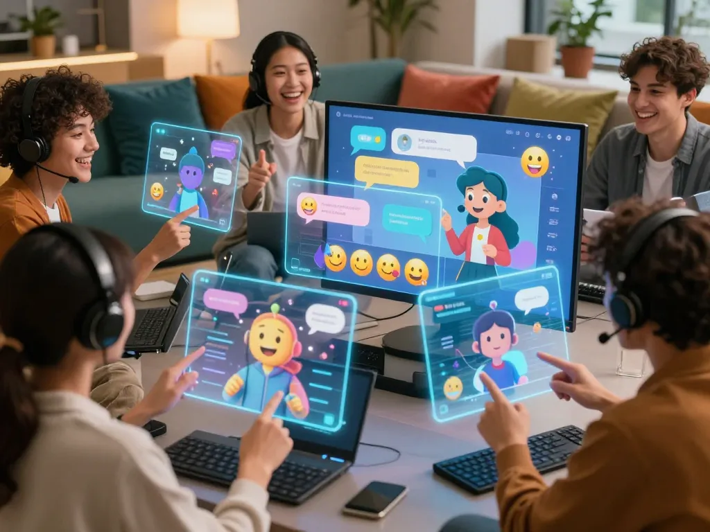 Engaging interaction in a chat room where users have a crush on AI characters, showcasing vibrant holograms and joyful expressions.