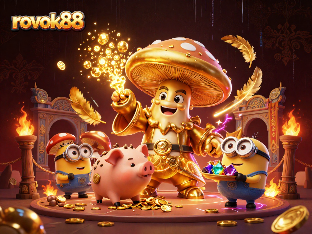 Experience the magic of rokok88 as a whimsical golden wizard turns treasures to gold in a vibrant casino scene.