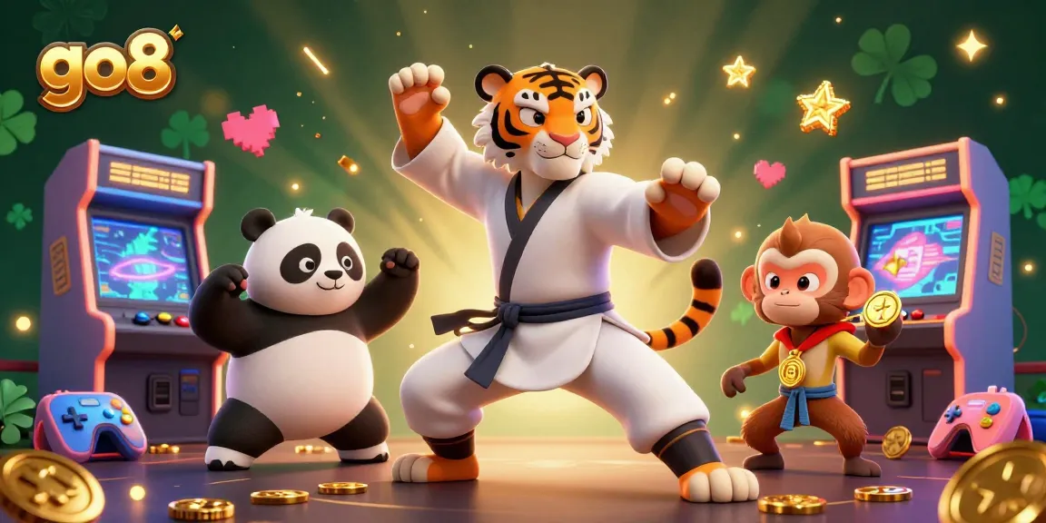 Experience the thrilling go8 gaming adventure with kung fu characters and vibrant casino elements.