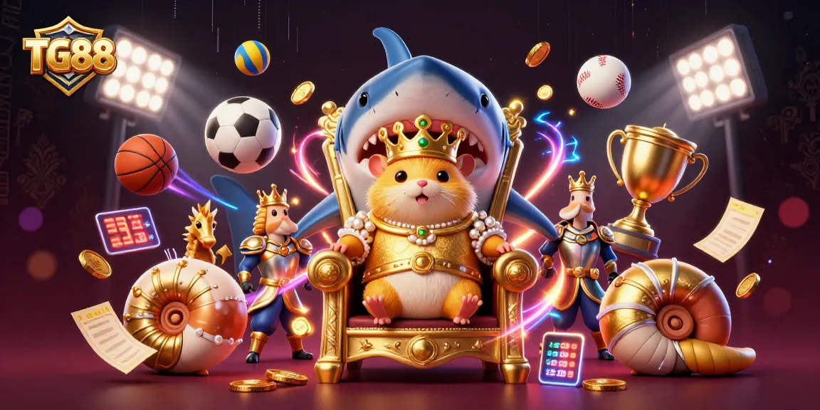 Experience TG88's dynamic casino world with golden hamster king and vibrant gambling elements.