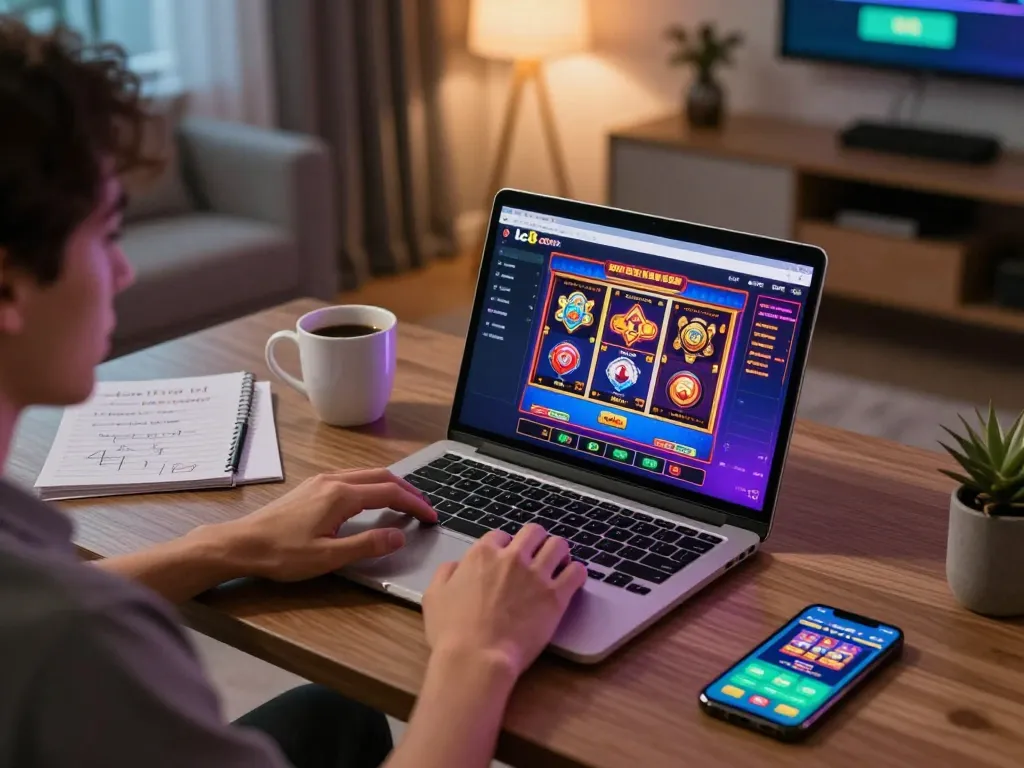 Engaging gameplay on lc88 com with vibrant online casino visuals in a cozy home office setup.