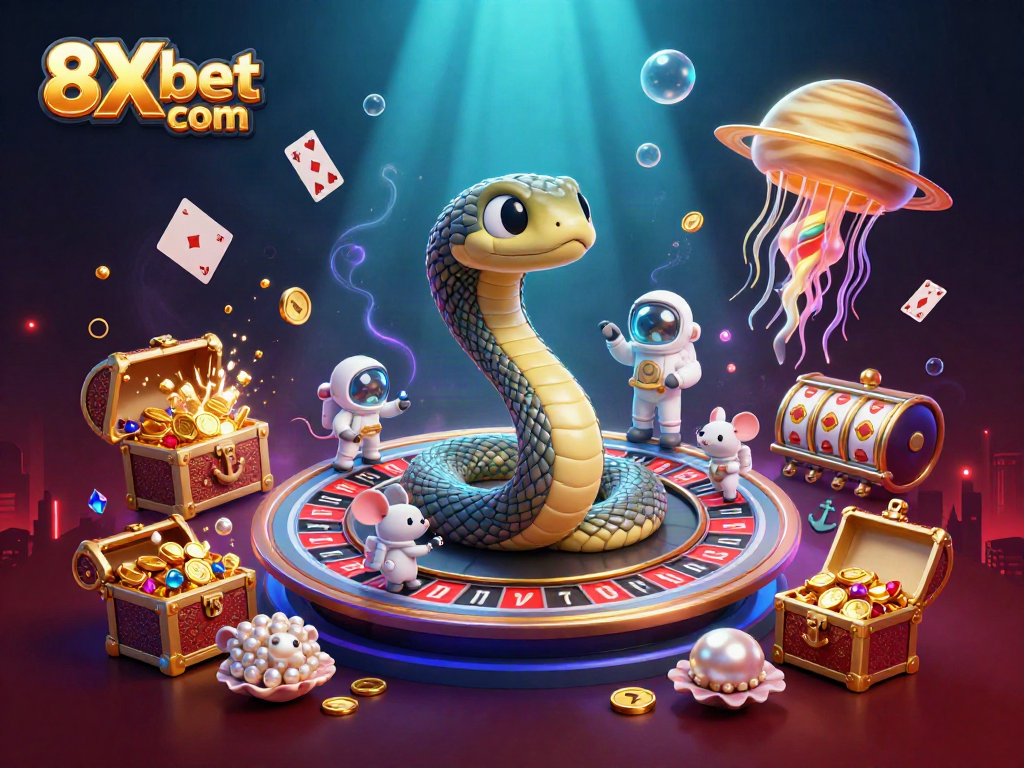 Experience the thrill of betting at 8Xbet com with cartoon characters and vibrant casino elements.