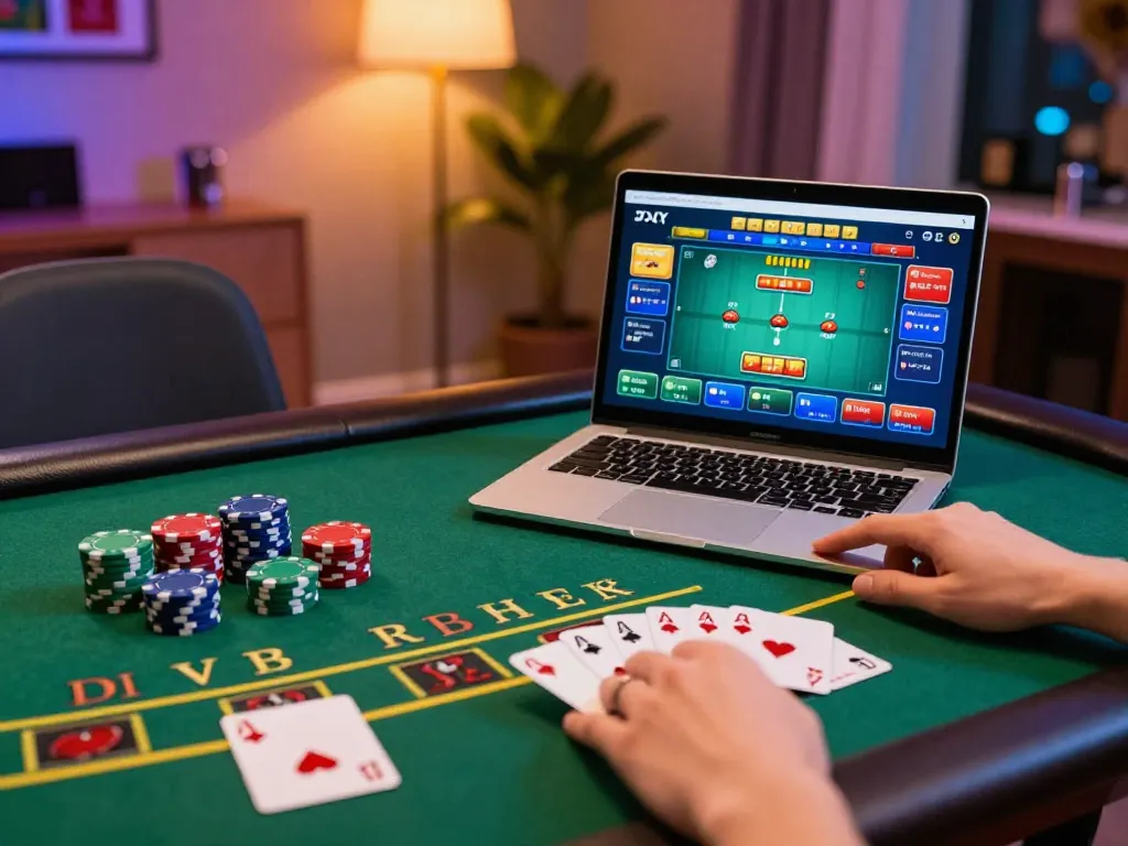 Engaging online gameplay with sunwingo featuring poker chips and cards displayed on gaming table.