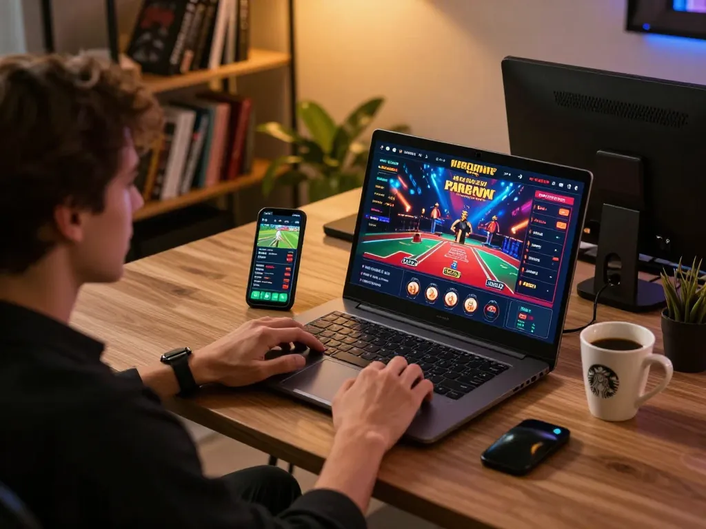 Engaging in online gambling with link vào Net88 on a laptop in a cozy home setting, showcasing a modern gaming environment.