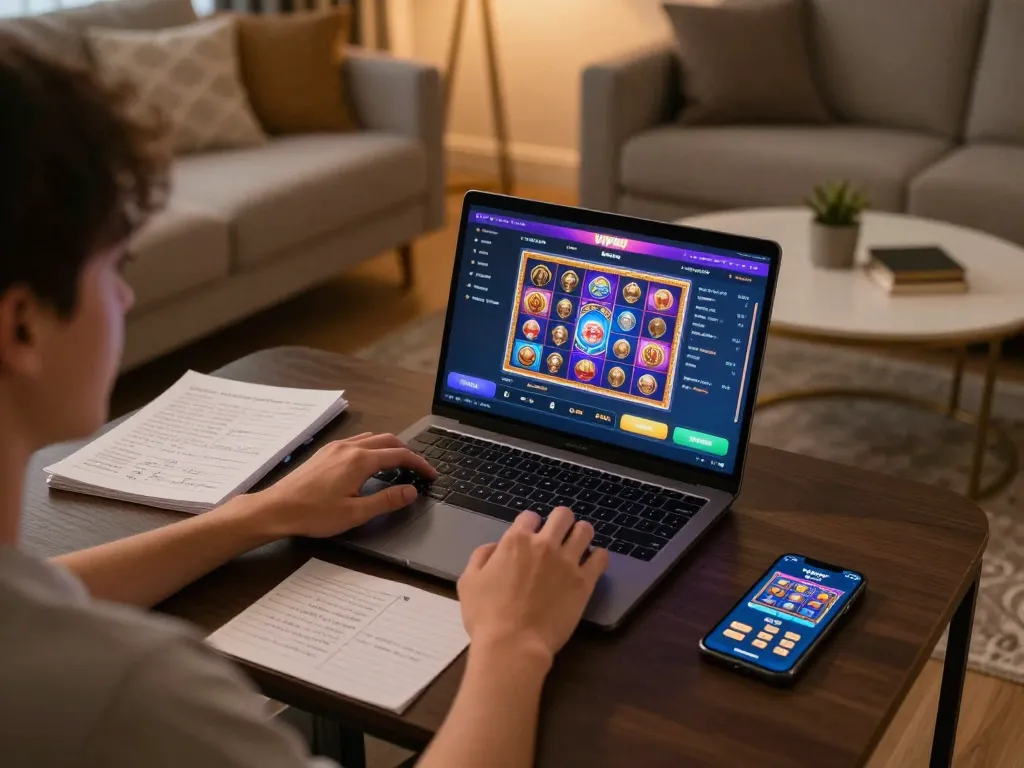 Engaging in vipwin's online slots at a cozy home gaming setup