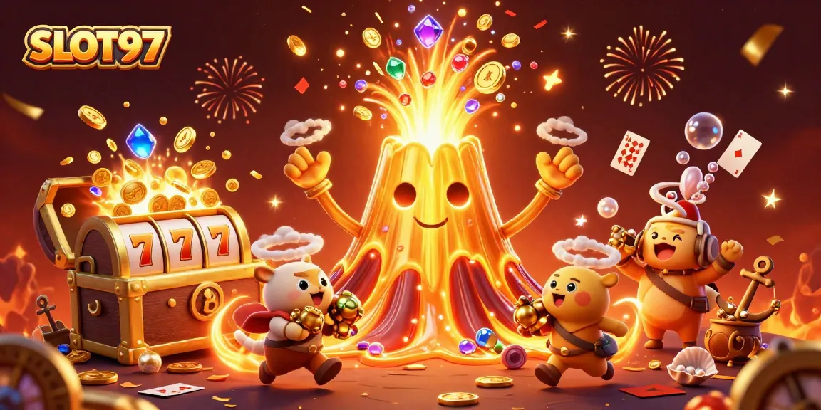 SLOT97 players enjoy a triumphant gaming experience with treasures and slot reels exploding in a vibrant casino scene.