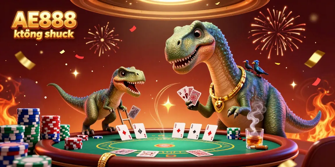 Experience the thrill of AE888 không chặn with a vibrant casino scene featuring playful dinosaurs and poker action.