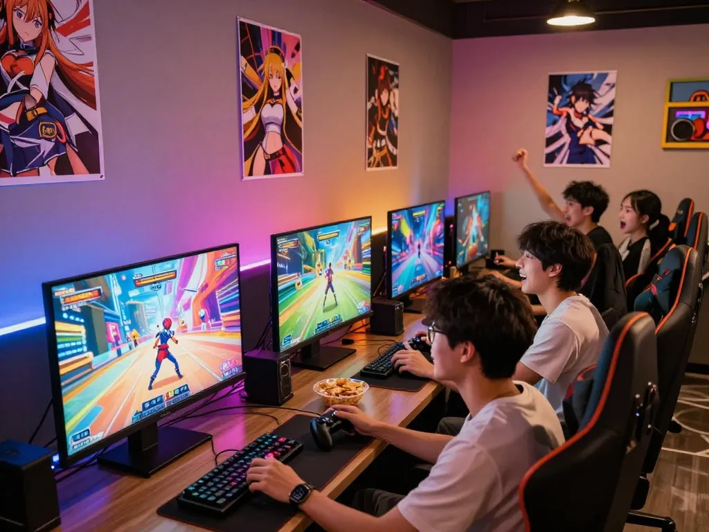 Friends playing an anime porn game in a vibrant gaming lounge filled with colorful graphics and excitement.