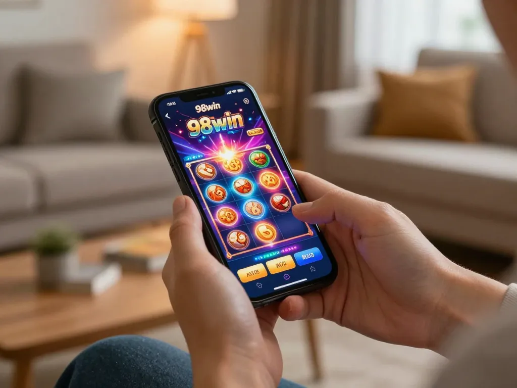 Engaging gameplay using app 98win on smartphone in cozy home setting.