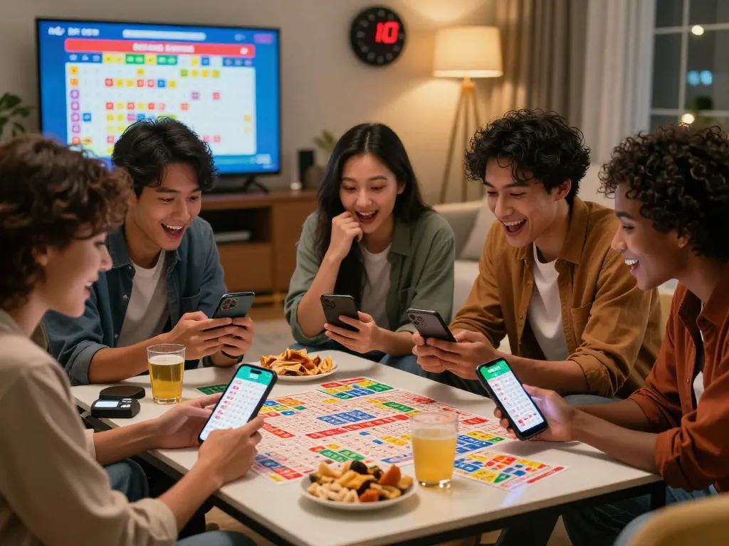 Excited friends placing lô đề online bets while checking lottery numbers in a cozy living room.