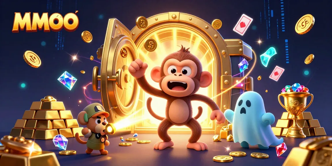 Experience the excitement of MMOO with a ghost-hunter puppy tracking a playful poltergeist in a vibrant haunted casino.