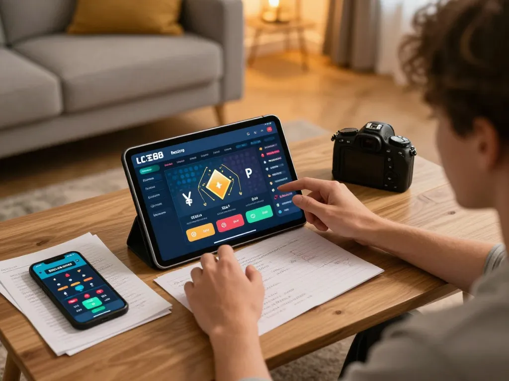 Person using the LC88 betting app on a tablet in a cozy home setting while analyzing strategy notes.