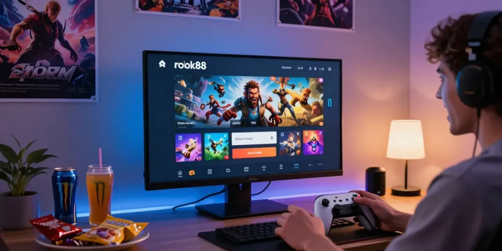 rokok88 login screen displayed in a cozy gaming room with a user engaged in gameplay