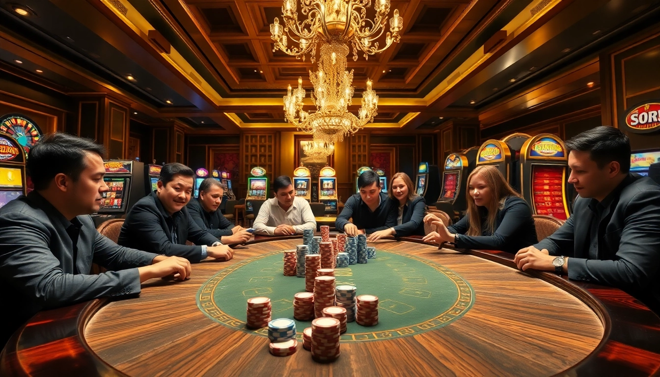 Players enjoying the excitement of poker at 98win, showcasing high stakes and casino luxury.