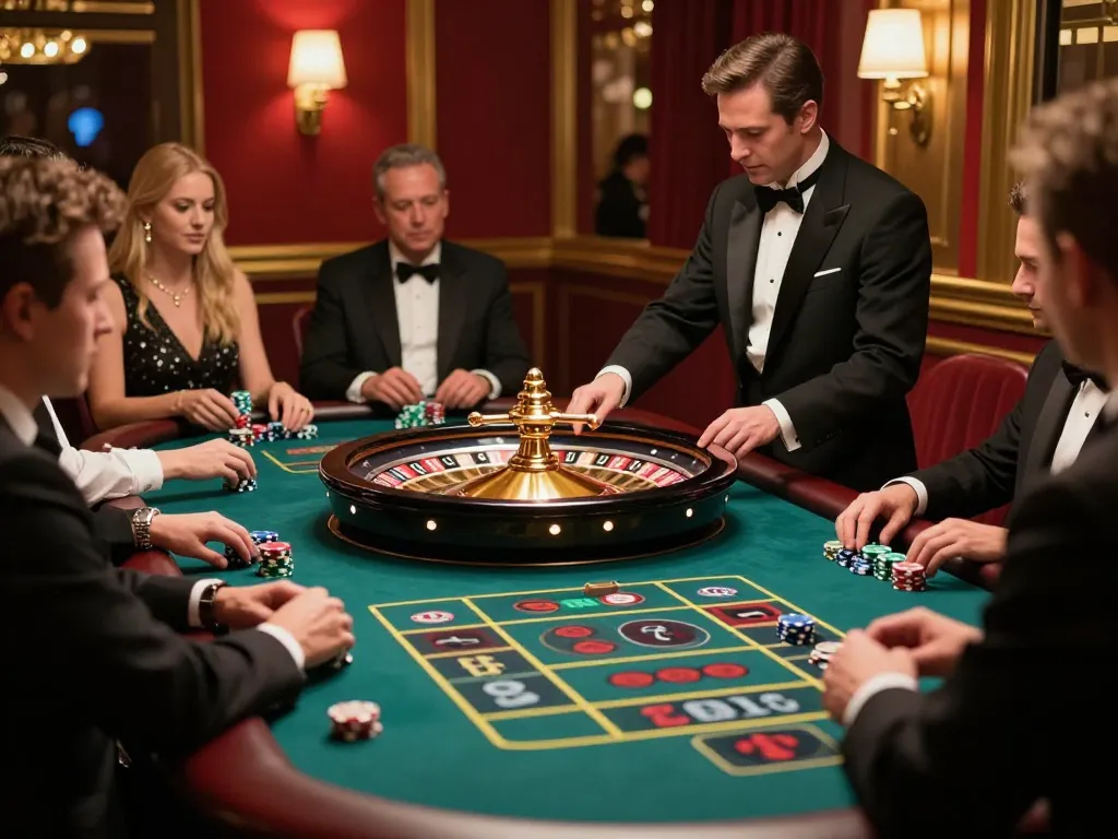 Engaging scene of players at a roulette table betting and strategizing at a casino while enjoying tubidy music.