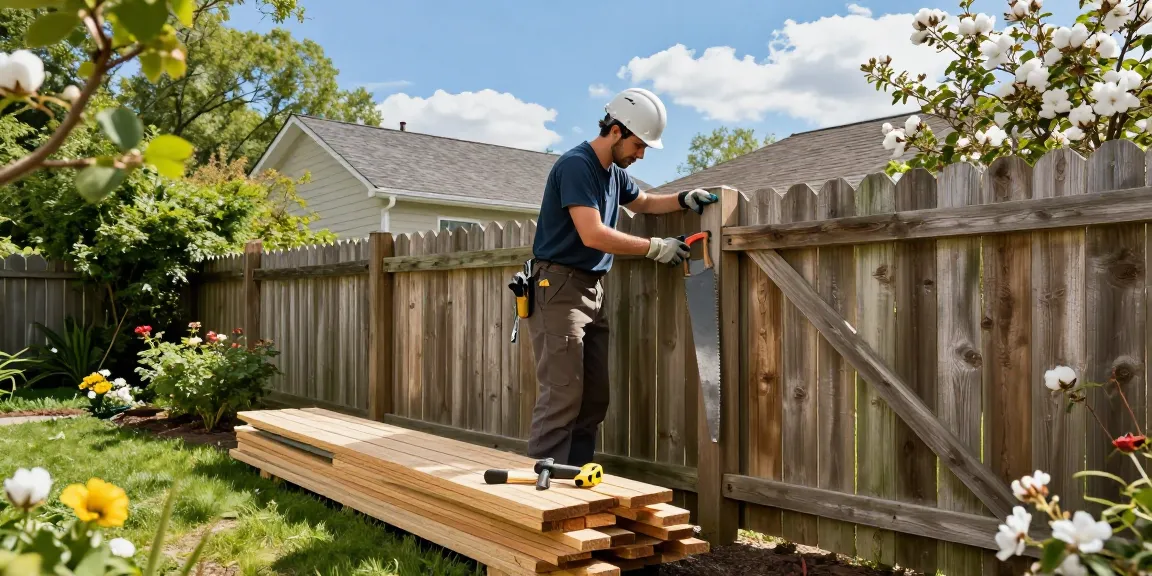 We fix fences and build fences with a skilled tradesman repairing a wooden fence in a sunny garden.