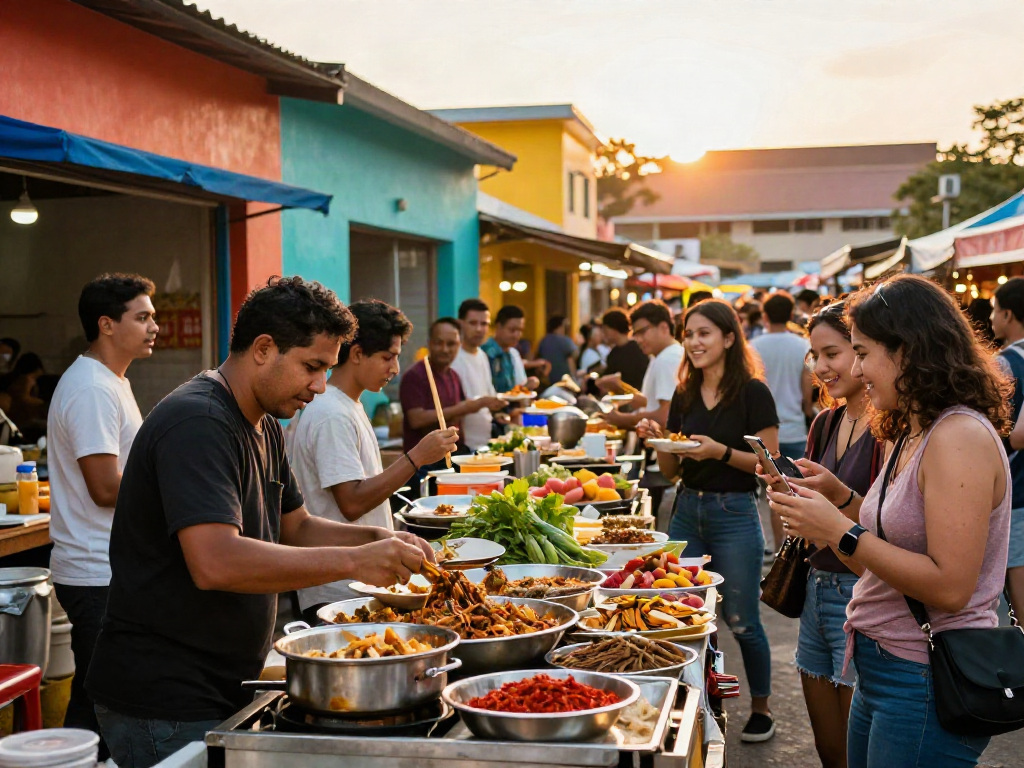 Dynamic street food market scene highlighting the excitement of rokok88 slot dining trends.