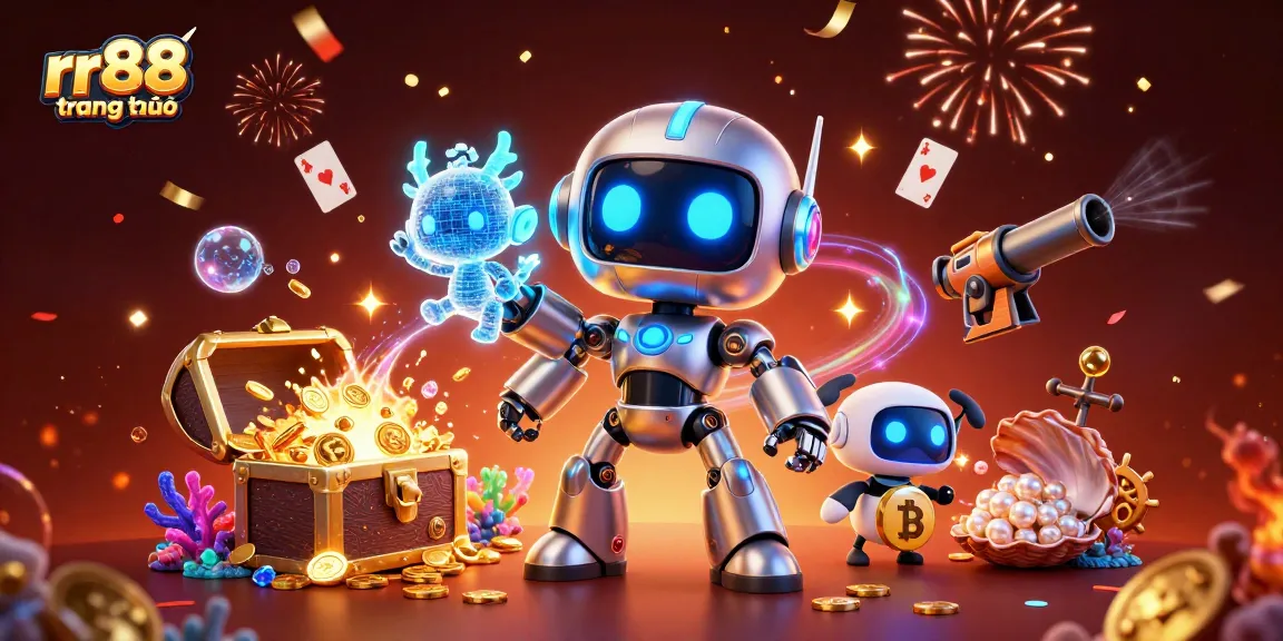 Experience the excitement of rr88 trang chủ with a vibrant casino-themed scene featuring a cyberpunk robot and digital dragon.