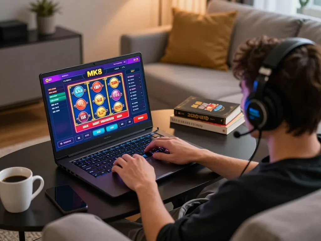 Engaging with MK8 online casino game on a laptop in a cozy home setting