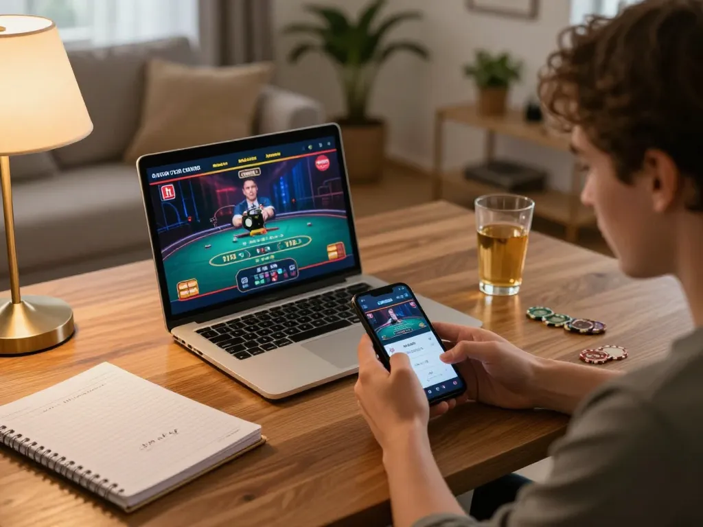 Engaging with the OnBet casino app through a dynamic home gaming atmosphere.