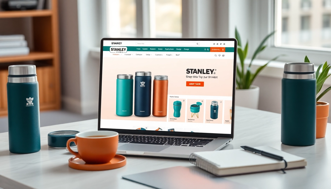 Acquista online articoli per bevande Stanley: accogliente scena di home office con prodotti eleganti.