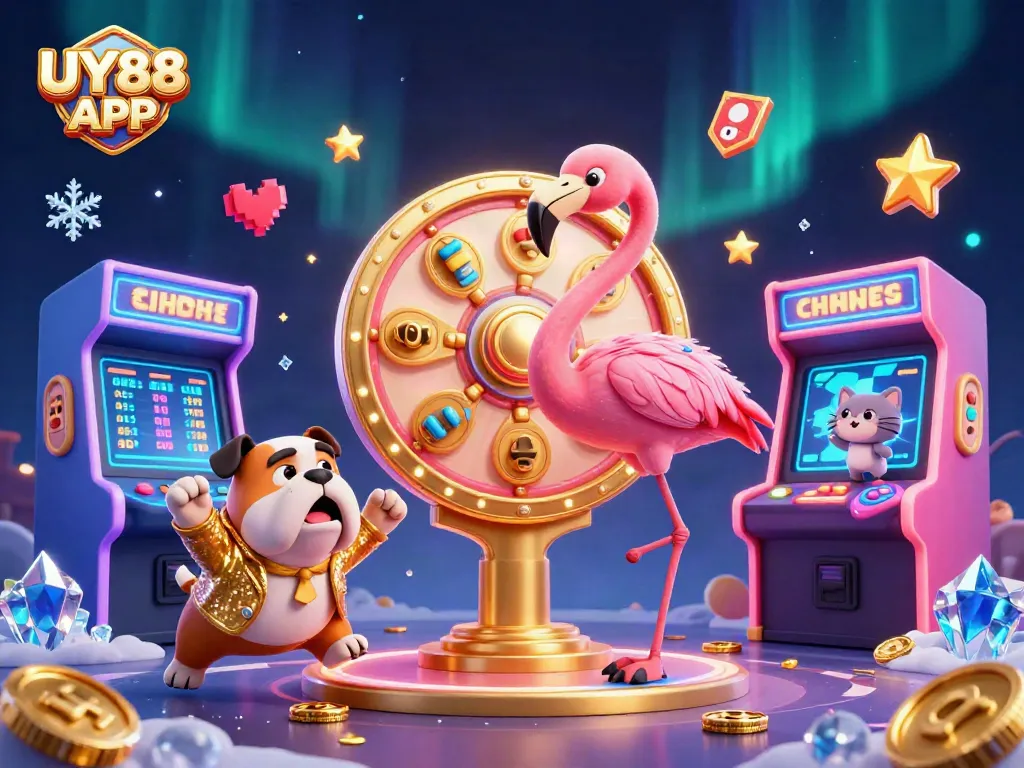 Spin to win with UY88 APP's vibrant prizes and exciting 3D action in a casino setting.