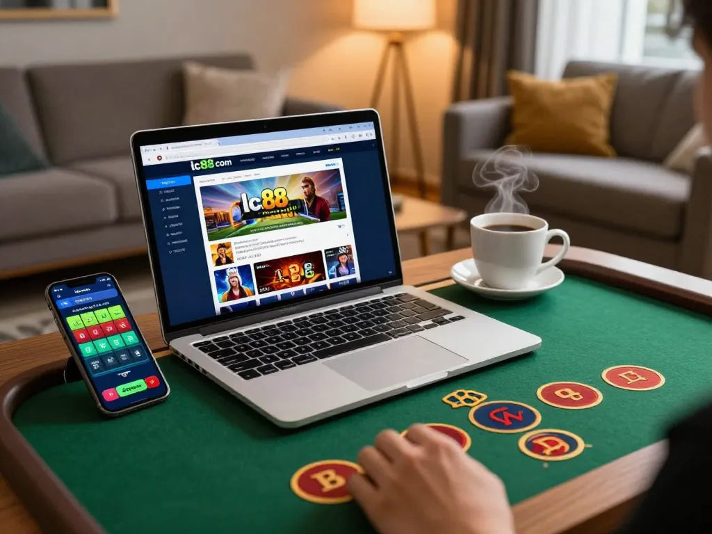 Engaging online gaming moment at home with lc88 com interface displayed on laptop