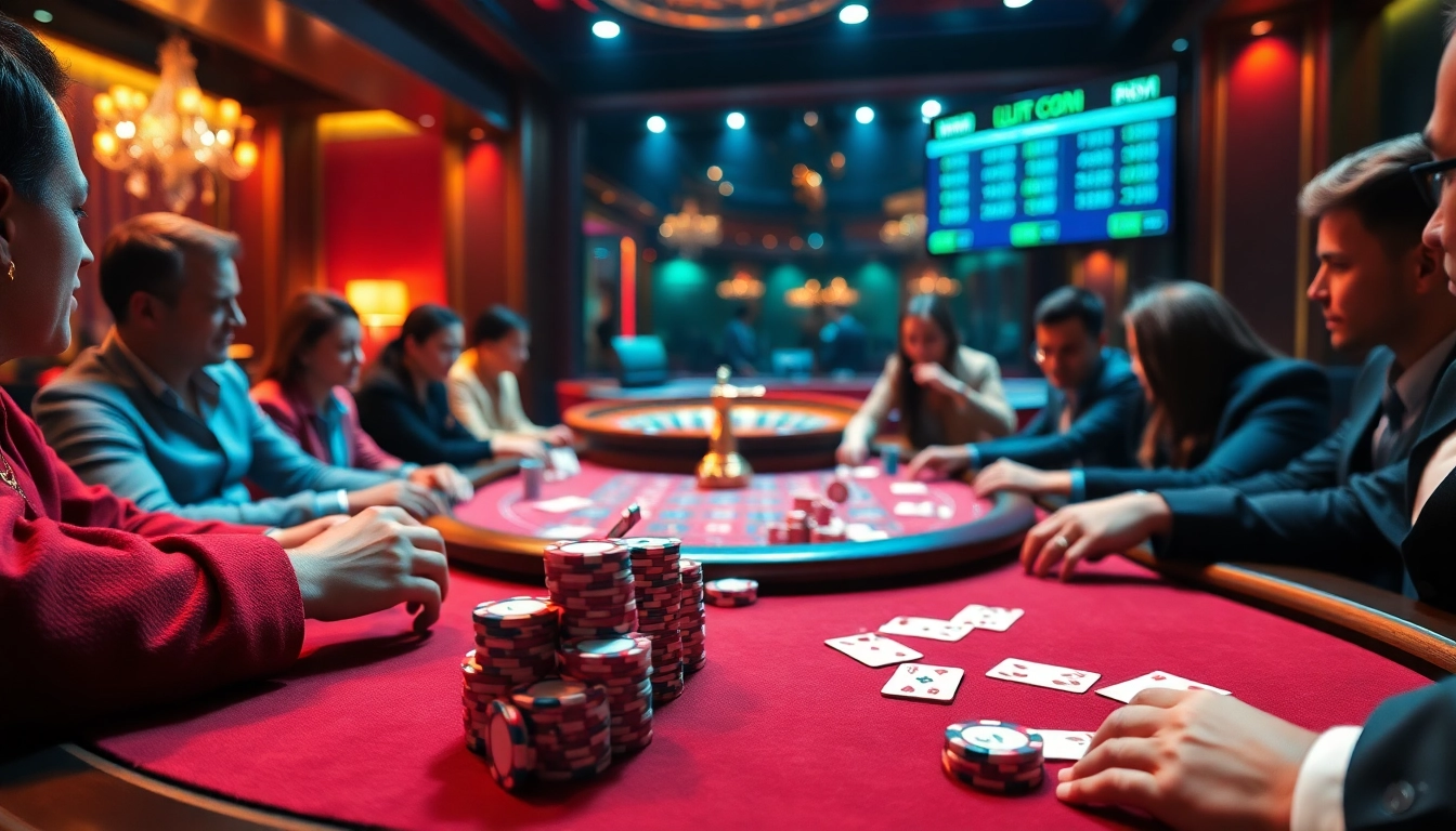 Exciting poker game at lu88n.com with vibrant chips and cards in a luxurious casino setting