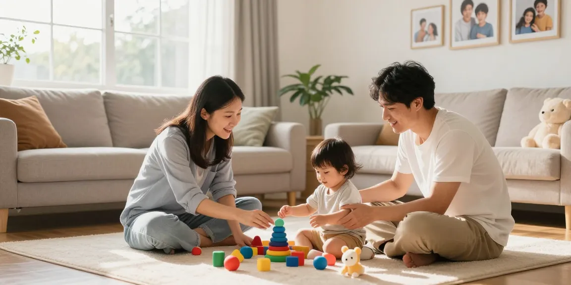 Rokok88 family scene with parents playing with their toddler in a cozy living room.