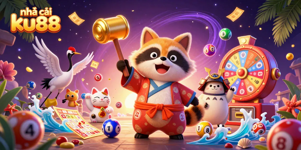 Experience the excitement of nhà cái ku88 with a lively festival scene featuring a cheerful tanuki and colorful casino elements.