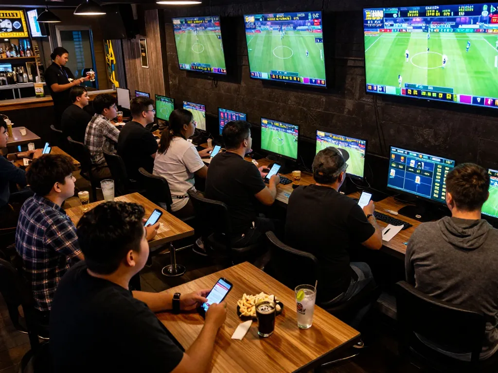 Betting on sports at nk88 net with friends in vibrant sports bar atmosphere