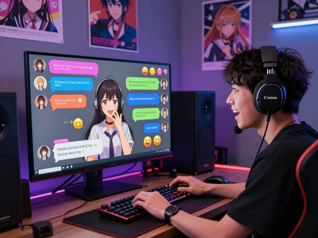 Engaging interaction in hentai AI chat with animated characters and user at gaming setup