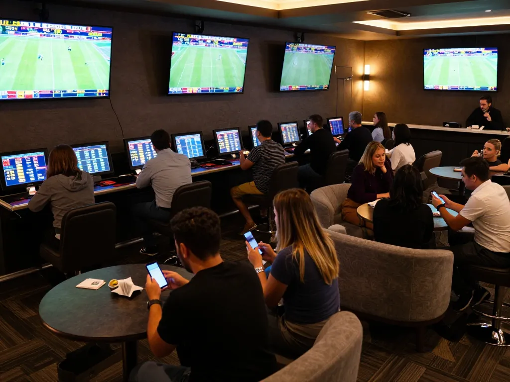 Betters engaging with live sports betting platforms at 88vv in a lively lounge atmosphere